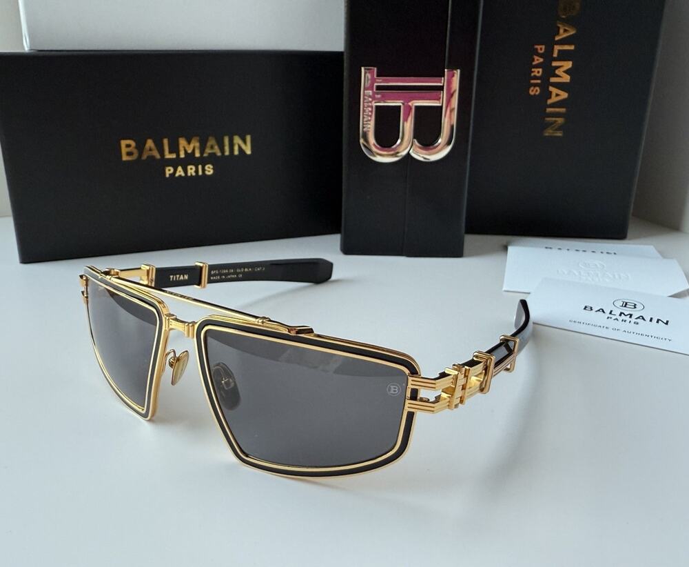 BALMAIN TITAN Gold Black Dark Grey BPS-139-A-59mm Sunglasses Large AUTHENTIC